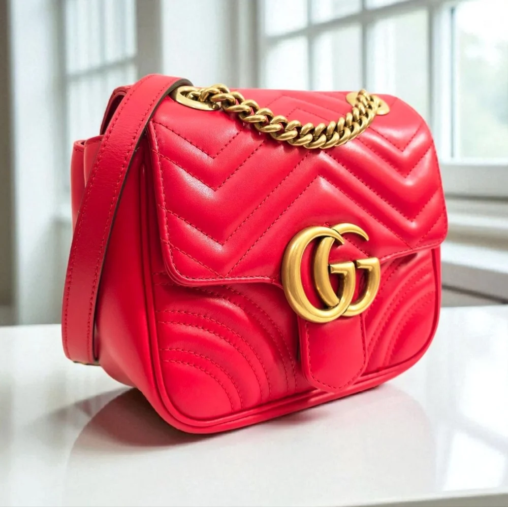 Gucci GG Marmont Matelasse Mini Square Shoulder Bag Red Leather